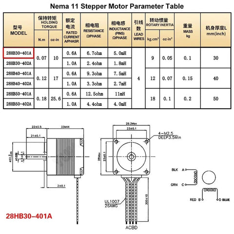 Dope Mini Sliding Table Gantry Kit With Nema11 28mm Trapezoidal Lead Screw Automatic Locking Motor For XY And XYZ Axis Linear Rail Guide Stage Z Axis 50mm Stroke And XY 200mm Two Pitch, Nema 11 motor specs chart and dimension drawing