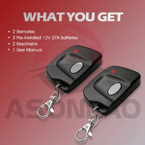 Two Pack Universal MultiCode Gate Opener Remote 3089 308911 MCS308911 For Garage Doors, shown with accessories.
