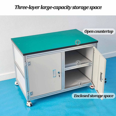 Badass Antistatic Workbench With Smooth Rolling Casters And Locking Foot Brakes, Three Tier Heavy Duty Mobile Prep Table For Garage Or Warehouse Shop Jobs 120X80X75cm with open countertop and enclosed storage.