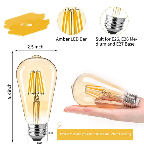LED Edison Bulbs 4 Pack Dimmable E26 6W LED Bulbs 60W Equivalent 2700K Amber Warm White 470 Lumens Retro Vibe 120V size details