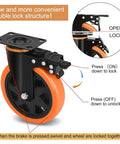 Rock Solid 6 Inch Polyurethane Swivel Casters Built For 1390 Lb Weight Rating With Reliable Dual Locking Brakes showing double lock structure.
