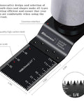 Close-up of oscillating tool blade with measurement scale and universal interface from 120 Piece Oscillating Tool Blade Set Pro Grade Titanium Universal Multitool Blades For Wood And Metal Heavy Duty Kit Compatible With Dewalt Ryobi Milwaukee Makita Rockwell Fein And More.