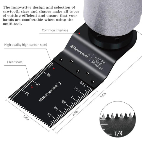 Close-up of oscillating tool blade with measurement scale and universal interface from 120 Piece Oscillating Tool Blade Set Pro Grade Titanium Universal Multitool Blades For Wood And Metal Heavy Duty Kit Compatible With Dewalt Ryobi Milwaukee Makita Rockwell Fein And More.