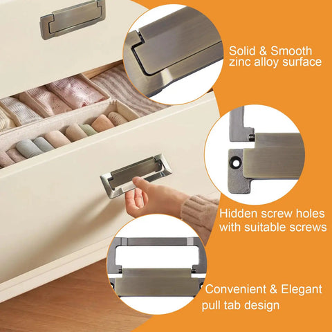 Pocket Door And Drawer Handles Set Flush Pull Ring Handles Zinc Alloy Concealed Furniture Pulls with Screws in use on a drawer.