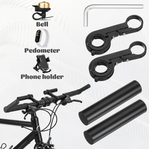Two Pack Aluminum Bicycle Handlebar Extenders Brackets For Extra Mount Space On Most Bikes with accessories shown