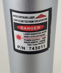 Visual fault locator laser tool in gray metal housing with laser warning label and P/N 743011.