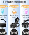 64oz Bubble Gum Insulated Stainless Steel Water Bottle with 3 lid styles: portable handle lid, spout lid, straw lid