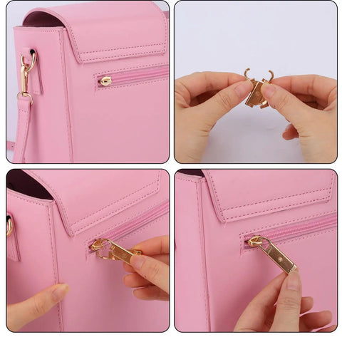 16 Piece Zipper Pull Replacement Set With Four Color Detachable Pullers For Luggage installed on pink bag.