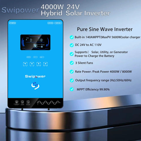 4000W Hybrid Solar Inverter for Home, RV and Cabin Use, 24V DC to 110V AC Pure Sine Wave, blue with LCD display