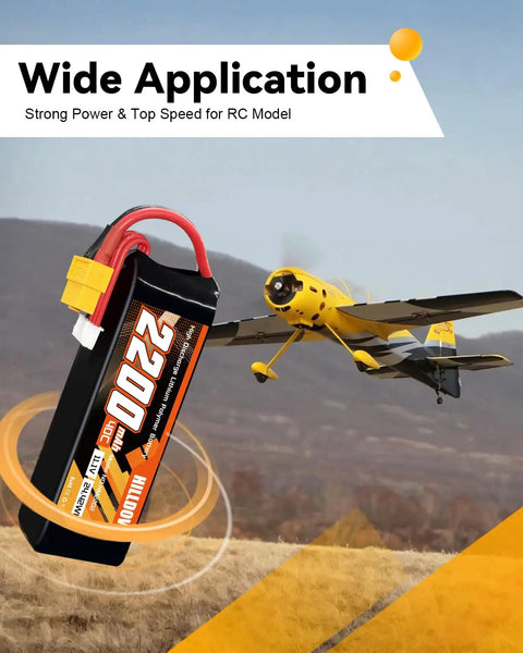 3S 2200mAh 11.1V 40C RC LiPo Battery Pack With Soft Case And XT60 Connector next to RC airplane model in flight