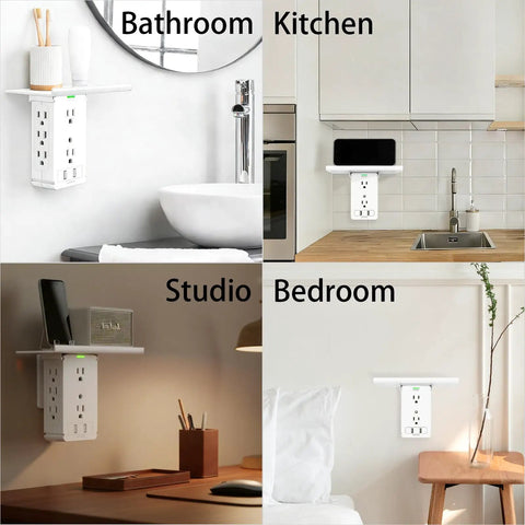 Wall Mounted Power Strip With Shelf For Easy Access 8 AC Outlets And 2 USB Ports Type C And Type A Total 5V 3.4A Output in different rooms