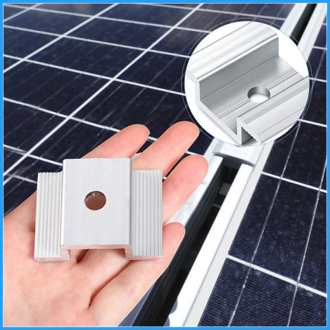 Hand holding an aluminum mid clamp for solar panel with detailed close-up, part of a 12 pack Aluminum Solar Panel Mid Clamps 1.06 Inch For Secure Mounting