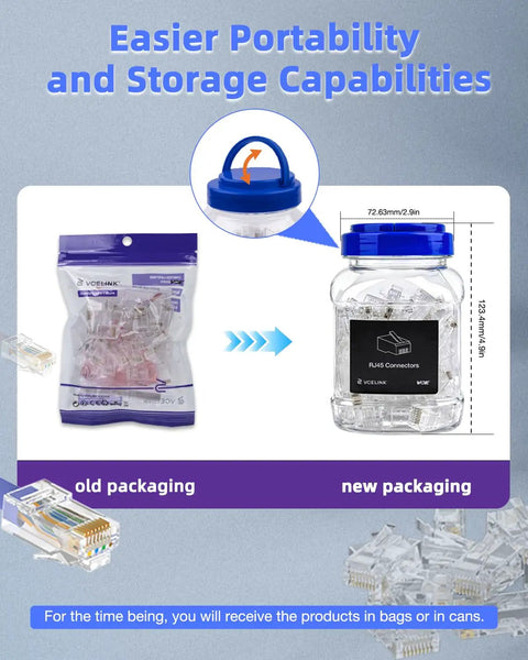 Old and new packaging of Cat6 RJ45 Pass Through Connectors Kit With Storage Can For 10Gbps Ethernet Gold Plated Ends For 23 To 26 AWG UTP Cable