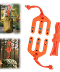 Heavy Duty Nylon Block And Tackle Pulley Set For Backcountry Game Hoisting with orange nylon rig and steel pins, compact for solo hunters.