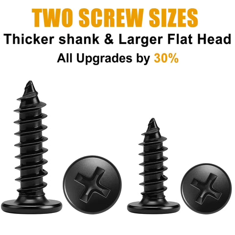 Kickass 180 Pieces Sawtooth Picture Hangers Heavy Duty Wall Hanging Kit featuring two sizes of black screws with larger flat heads.
