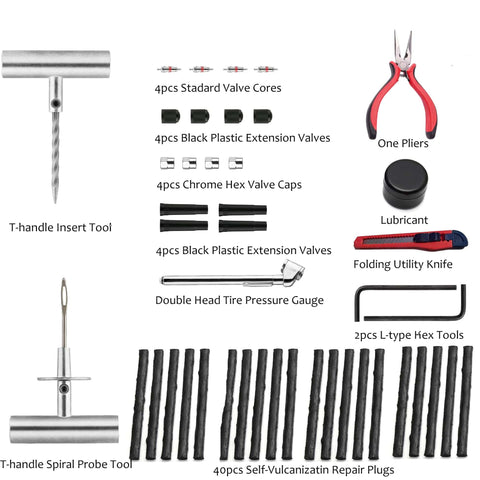 68 Piece Heavy Duty Tire Repair Kit with T-handle tool, pliers, valve cores, repair plugs, and utility knife for cars and more.
