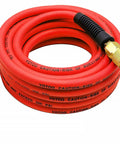 Coiled red Beefy All-Weather 1/4-Inch by 25-Foot Air Hose with 300 PSI Rating, quick coupler fittings visible, kink resistant design.