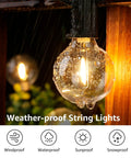 Close-up of LED Outdoor String Lights For Patio 50ft With 26 Shatterproof G40 Globe Bulbs Waterproof Café Lights in rain.