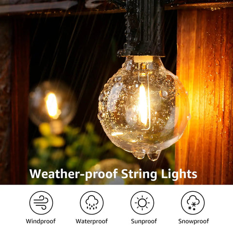 Close-up of LED Outdoor String Lights For Patio 50ft With 26 Shatterproof G40 Globe Bulbs Waterproof Café Lights in rain.