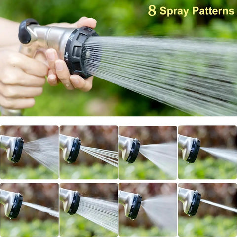 All Metal Heavy Duty Garden Hose Nozzle With Thumb Control Sprayer, 8 Spray Patterns in use on lawn, high pressure spray demonstrated