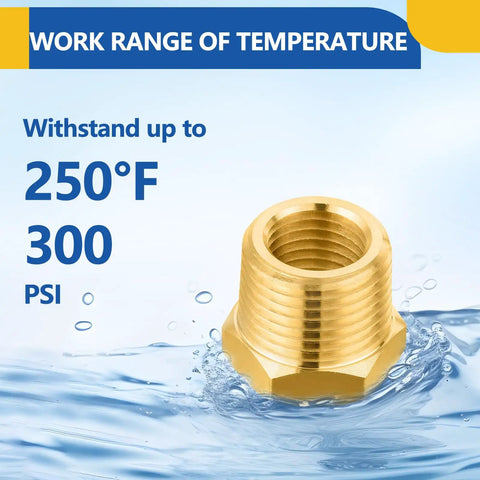 10 Pack Brass Reducer Hex Bushing 1/2 Inch Male NPT to 1/4 Inch Female NPT Pipe Fitting Adapter with water and temperature text