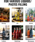 Badass Heavy Duty Smooth Running Horizontal Pneumatic Liquid Filling Machine With 30L Hopper For Perfume Beverage Paste Production In Small Biz Shops At 1000Ml showcasing honey, oil, drink, lotion, ketchup, and shampoo.