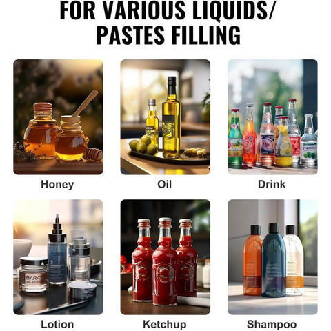 Badass Heavy Duty Smooth Running Horizontal Pneumatic Liquid Filling Machine With 30L Hopper For Perfume Beverage Paste Production In Small Biz Shops At 1000Ml showcasing honey, oil, drink, lotion, ketchup, and shampoo.