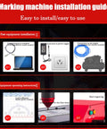 Marking machine installation guide with steps for connecting to a computer, power supply, and air supply for the Heavy Duty Pneumatic Marking Machine.