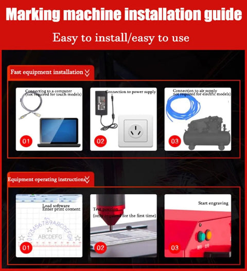 Marking machine installation guide with steps for connecting to a computer, power supply, and air supply for the Heavy Duty Pneumatic Marking Machine.
