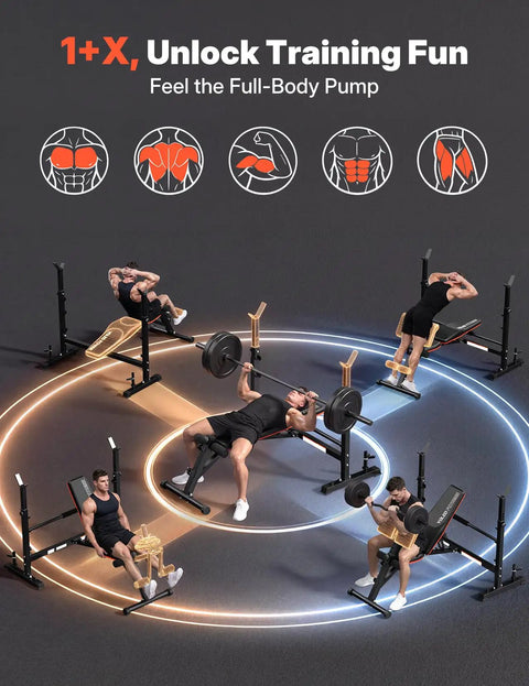 Gym setup with All In One Olympic Weight Bench With Roman Chair Preacher Curl And Leg Extension Foldable 1870 Pound Capacity.