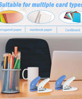 4 Pack Handy Mini Hole Punch Set 6mm Single Hole Punchers in blue and white on office desk with paper types displayed above