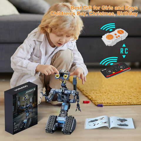 Johnny 5 Robot Building Set With Remote Control 1176 Pieces Rechargeable STEM Tech Movie Robotic Figure Model Kit For Adults Men Geek Gift Educational Hands On Robotics Project Gift Idea For Fans; child playing