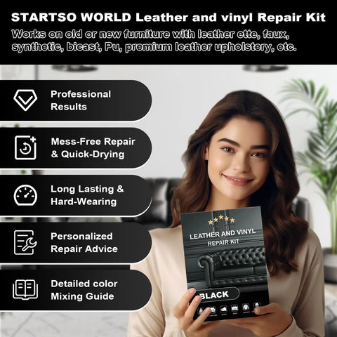 Woman holding All In One Leather And Vinyl Repair Kit For Car Interiors And Home Furniture Fixes Scratches Tears Fading Stains