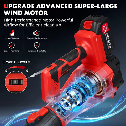 Illustration of 650 CFM Beast Mode Cordless Leaf Blower With 21V Battery Pack Two 2.6Ah Batteries And Charger 6-speed features