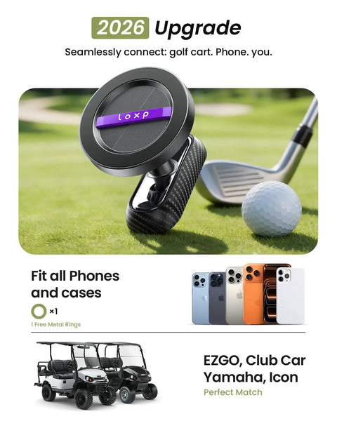 Magnetic Golf Cart Phone Holder With 360 Degree Rotation Fits EZGO Club Car Yamaha Golf Carts near golf club and ball