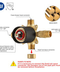 Black Shower Faucet Set With Tub Spout No Fuss Dual Function Trim Kit 8 Inch Rain Shower Head Wall Mounted Rainfall System Includes Rough In Valve And Pressure Balance Ceramic Cartridge valve component details with brass body and connectors.