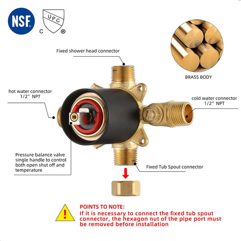 Black Shower Faucet Set With Tub Spout No Fuss Dual Function Trim Kit 8 Inch Rain Shower Head Wall Mounted Rainfall System Includes Rough In Valve And Pressure Balance Ceramic Cartridge valve component details with brass body and connectors.