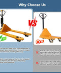 Comparison of heavy duty electric pallet truck with 4400 lb capacity versus manual pallet truck for warehouse use.