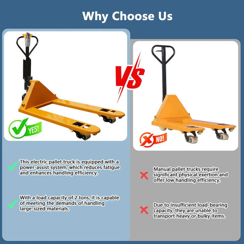 Comparison of heavy duty electric pallet truck with 4400 lb capacity versus manual pallet truck for warehouse use.