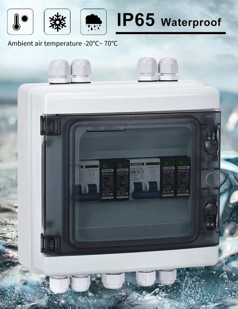 Hella Durable Rock Solid Dc Disconnect Switch Box With Pv Surge Protector 63 Amp Solar Circuit Breaker IP65 waterproof case shown with ports.