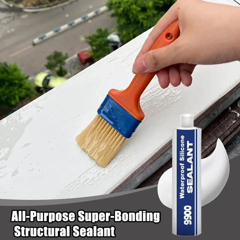 Heavy Duty Premium Polymer Sealant Badass Bonding Adhesive No Sweat Waterproof Glue being applied with a brush on a surface.