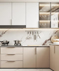Modern kitchen with beige and white cabinets featuring 30 Pack 3 Inch Brushed Nickel Finger Pulls For Cabinets Edge To Edge Comfort Cast In One Solid Base