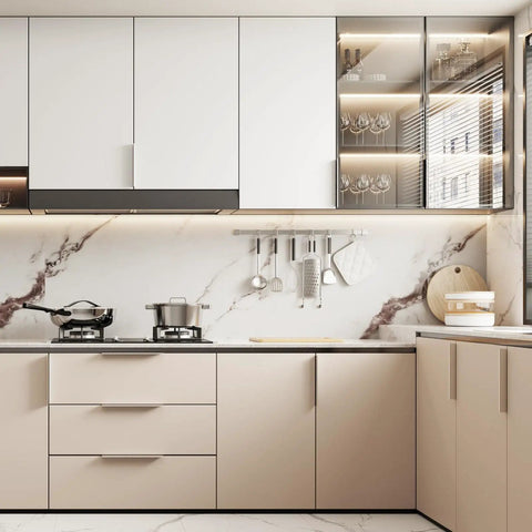 Modern kitchen with beige and white cabinets featuring 30 Pack 3 Inch Brushed Nickel Finger Pulls For Cabinets Edge To Edge Comfort Cast In One Solid Base