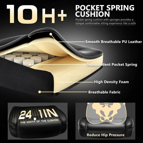 Pocket spring cushion of 600Lbs Big And Tall Heavy Duty Office Chair with PU leather, independent springs, and high-density foam