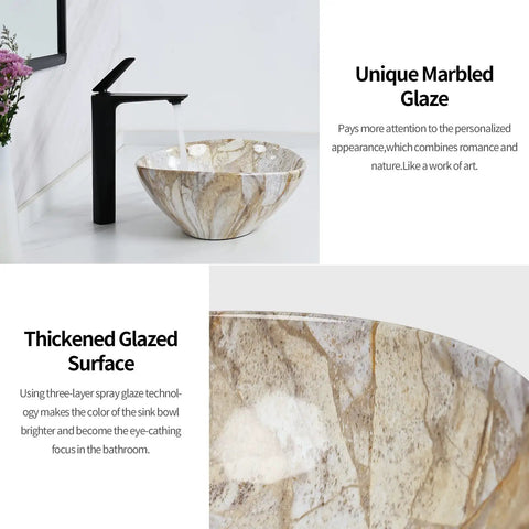 Oval Marble Vessel Sink With Pop Up Drain For Above Counter Bathroom Ceramic Vessel Sink With Nordic Marbling Modern European Style Countertop Sink For Master Bath Or Powder Room Totally Eye Catching Oval Sink Bowls with unique marbled glaze and thickened glazed surface.