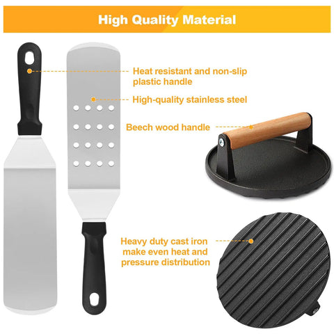 Ultimate 29 Piece Griddle Accessories Kit For Blackstone And Camp Chef with spatulas and cast iron burger press