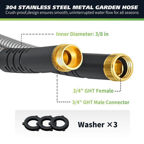 Stainless Steel Garden Hose With Flexible Braided Design, 6Ft Length, Leakproof Water Hose For Reel, connectors and washers.