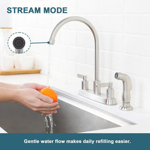 Brushed Nickel Kitchen Faucet With Sprayer, 2-Handle High Arc Sink Faucet, 360 Degree Swivel, 3 Or 4 Hole Install, Lead Free Ceramic