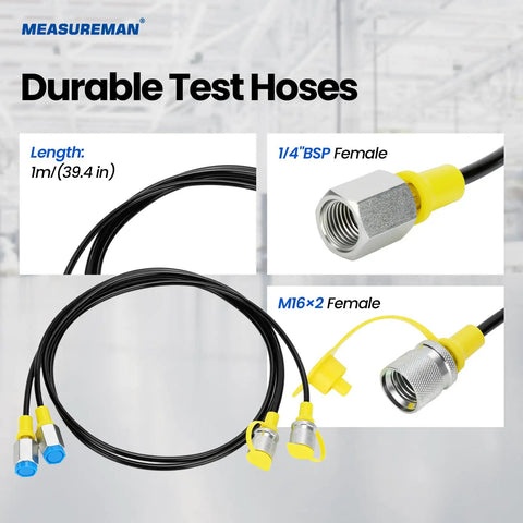 Hydraulic Test Gauge Kit With Three Gauges 0 To 250 Bar 0 To 400 Bar 0 To 600 Bar, durable test hoses, 1m length, 1/4"BSP and M16x2 female fittings