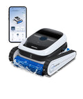 Ultramarine P1 Pool Cleaner Robot Kit With 4800GPH UltraPure Suction, next to app control interface, showcasing cordless design.